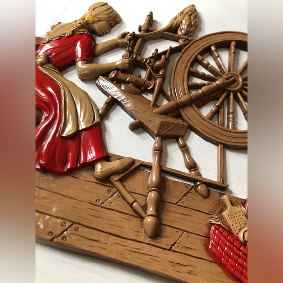 Vtg 70s Girl Spinning Yarn Wall Art - Picture 11 of 15